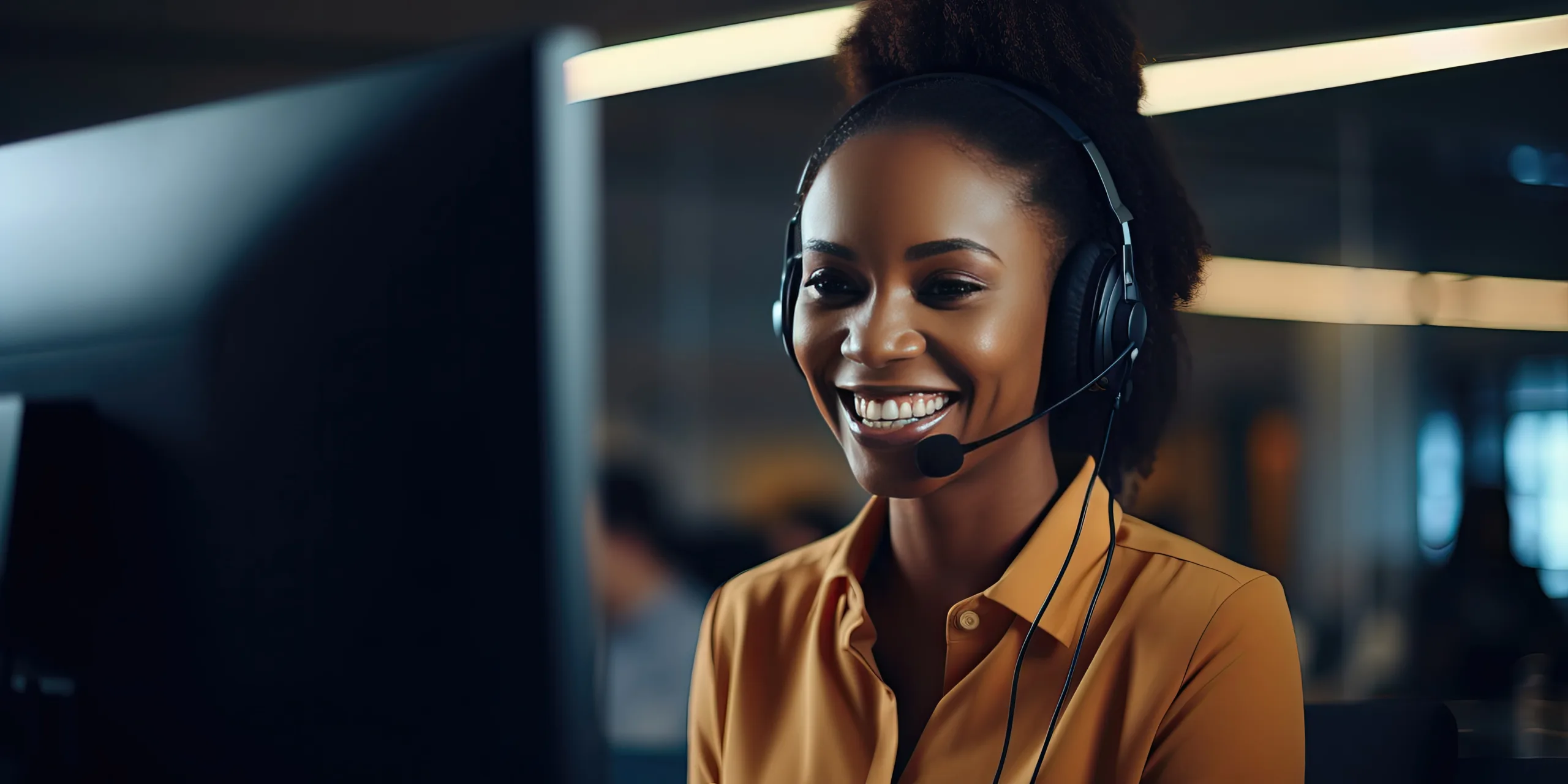 Beautiful girl customer service representative working with a headset in the office.